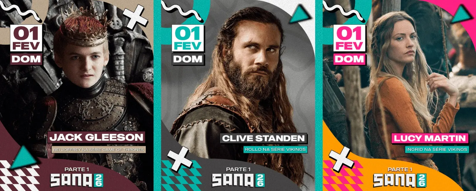 Três cartazes promocionais lado a lado para o evento Sana 2026,