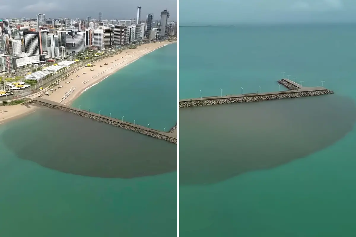 Imagem da poluição no mar de Fortaleza, na Praia de Iracema.