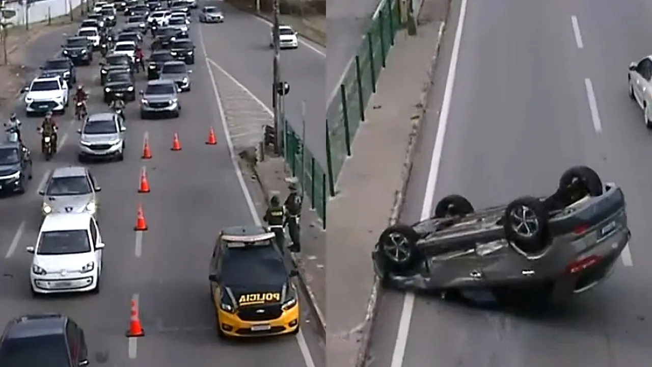 Viatura do BPRE está no local do acidente realizando o controle de tráfego.
