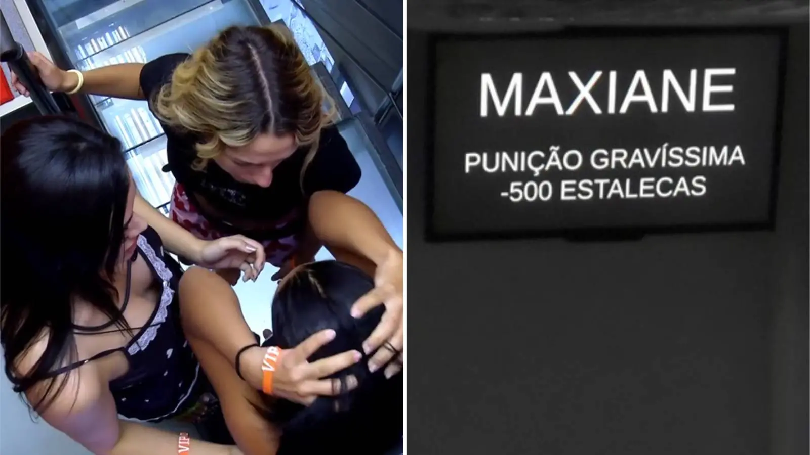 Imagem dividida mostra, à esquerda, participantes do BBB 26 Samira, Jornada e Maxiane reagindo ao anúncio de punição gravíssima atribuída a Maxiane, e, à direita, tela anuncia que Maxiane recebeu punção gravíssima e perdeu 500 estalecas.