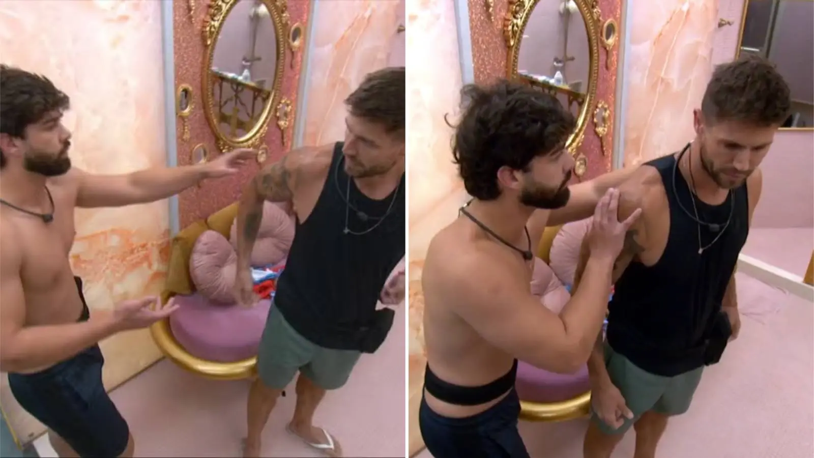 Imagens mostram Jonas e Paulo Augusto discutindo no banheiro do bbb 26 após jonas cair.