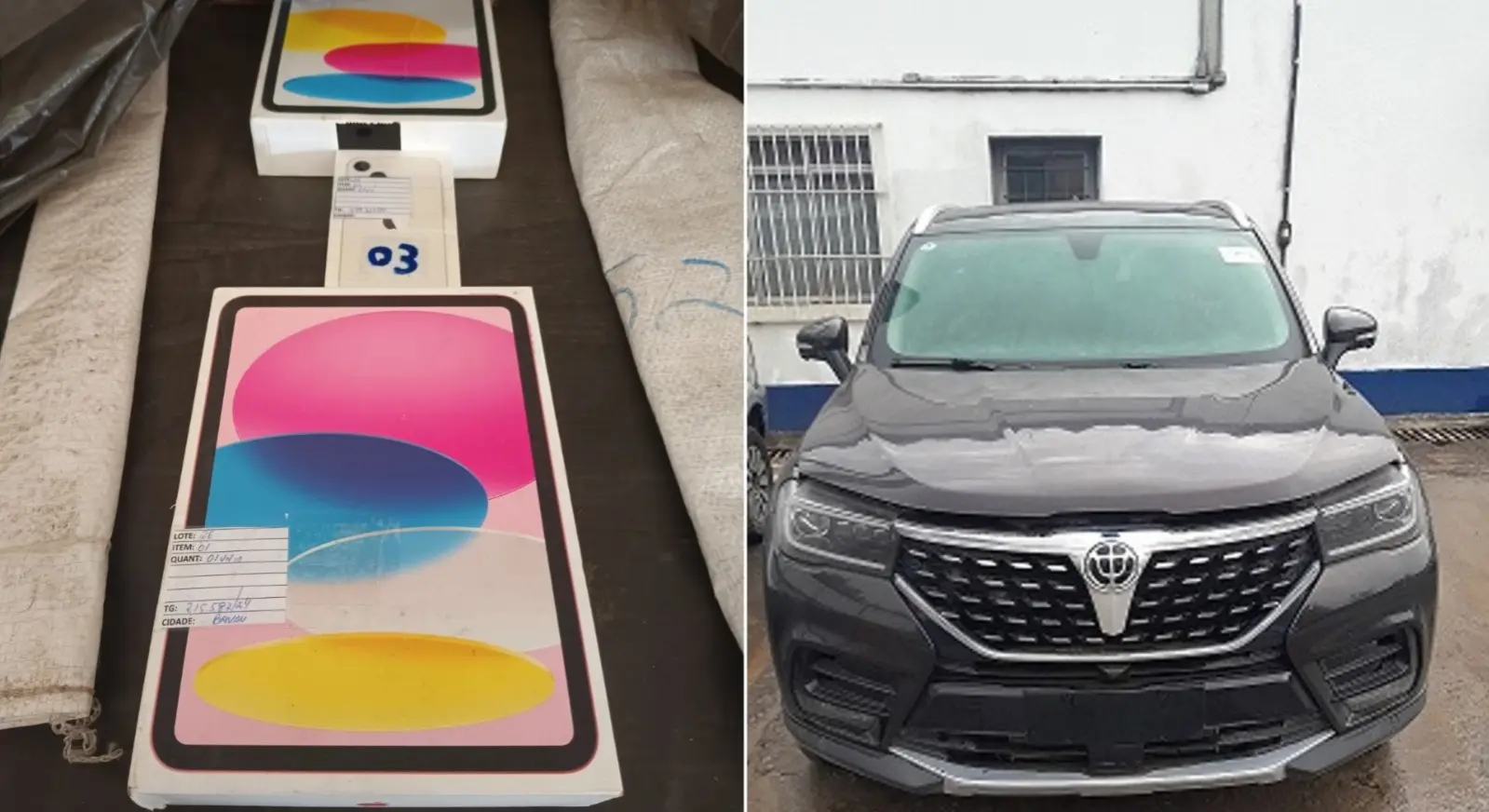 Montagem de fotos mostra iPhone à esquerda e SUV à direita.