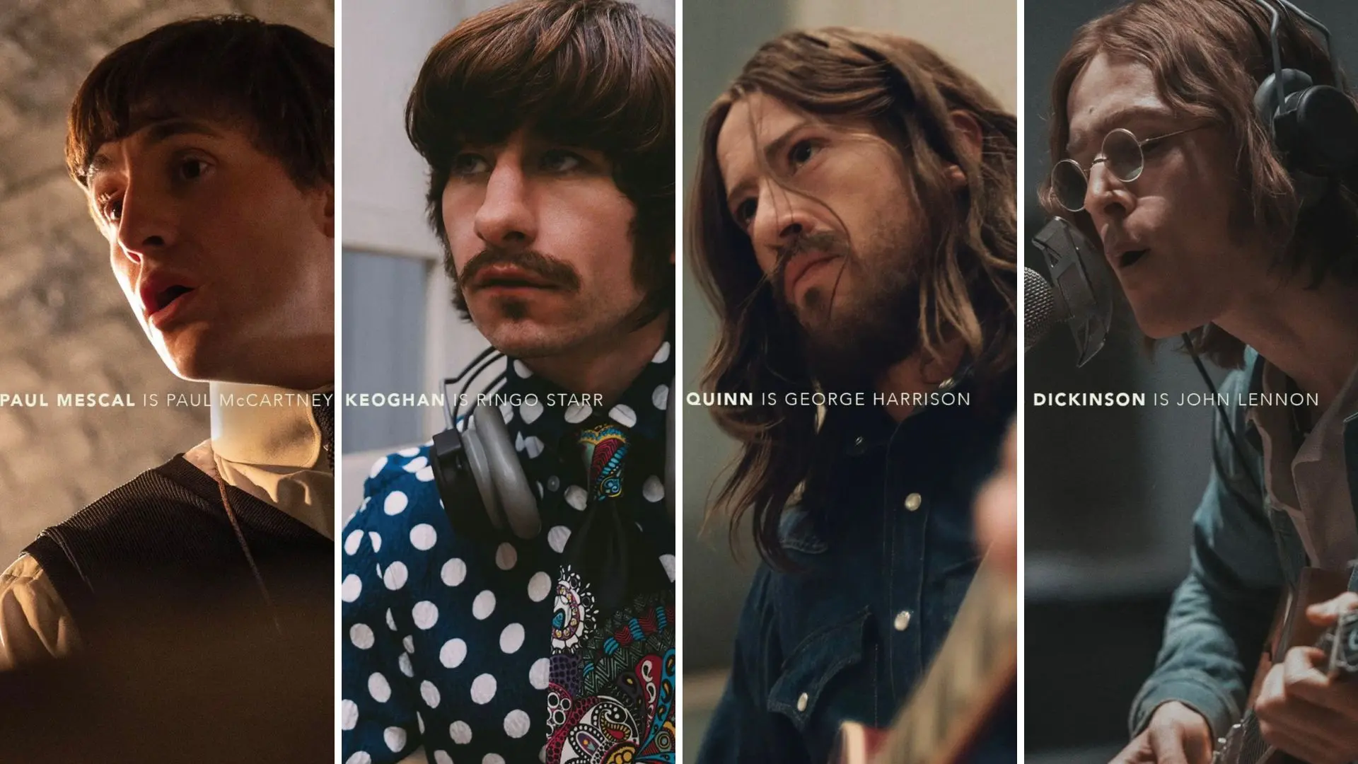 Atores caracterizados como os Beatles.