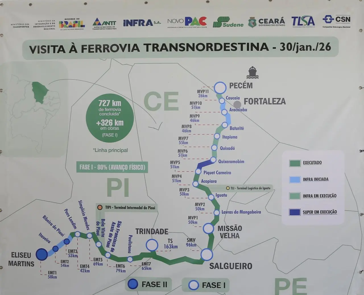 Imagem mostra mapa de lotes em prontos e em obras da ferrovia Transnordestina.
