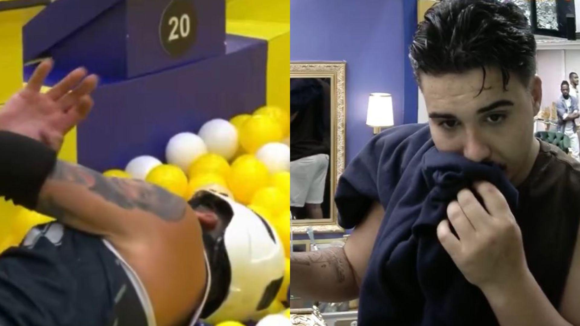 Colagem mostrando dois episódios do BBB: a convulsão de Henri Castelli e a desistência de Pedro.