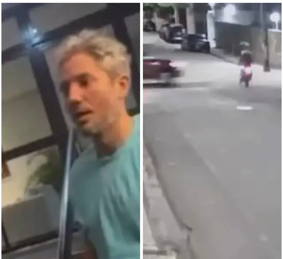 Montagem com acusado de morte de Kauã em foto do dia do crime vestindo blusa azul. A seguinte imagem mostra o momento do acidente, mostrando carro e moto.