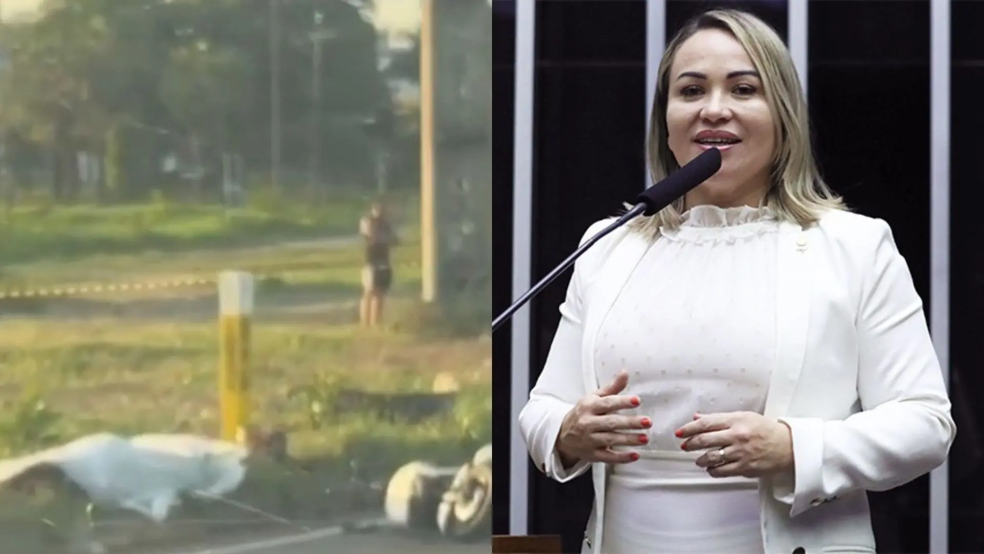 Foto do acidente ao lado de foto da parlamentar Ana Paula Brandão.