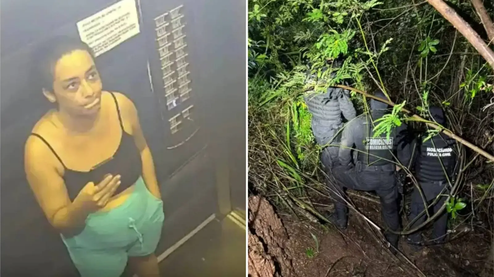 Imagem dividida mostra, à esquerda, a corretora Daiane Alves Souza no interior de elevador, em última imagem registrada antes de desaparecer em Caldas Novas, e, à direita, três agentes de segurança em região de mata onde o corpo dela foi encontrado em Goiás.