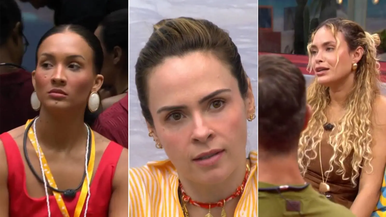 Sequência de três imagens mostra reações das participantes Maxiane, Ana Paula e Sarah após terceiro paredão do BBB 26.