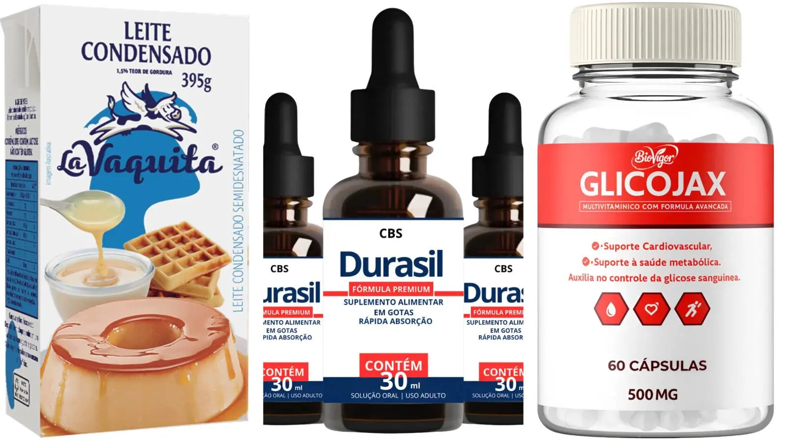 Imagem mostra sequência com embalagem de leite condensado La Vaquita, três frascos de suplemento Durasil e um pote de multivitamínico Glicojax, produtos alvos de decisão da Anvisa.