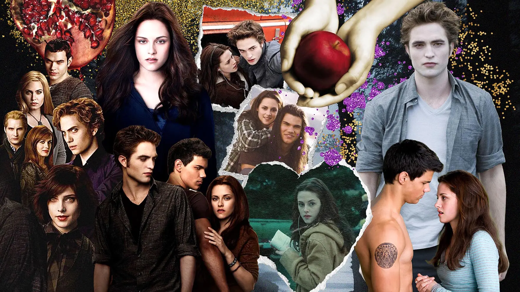 Uma colagem vibrante reúne diversas cenas e personagens da saga Crepúsculo, destacando Bella, Edward e Jacob em diferentes momentos sobre um fundo com brilhos dourados e roxos. Elementos icônicos como a maçã vermelha entre mãos e uma romã aberta compõem a arte, que utiliza recortes de papel e molduras de coração para criar uma narrativa visual nostálgica e dinâmica.