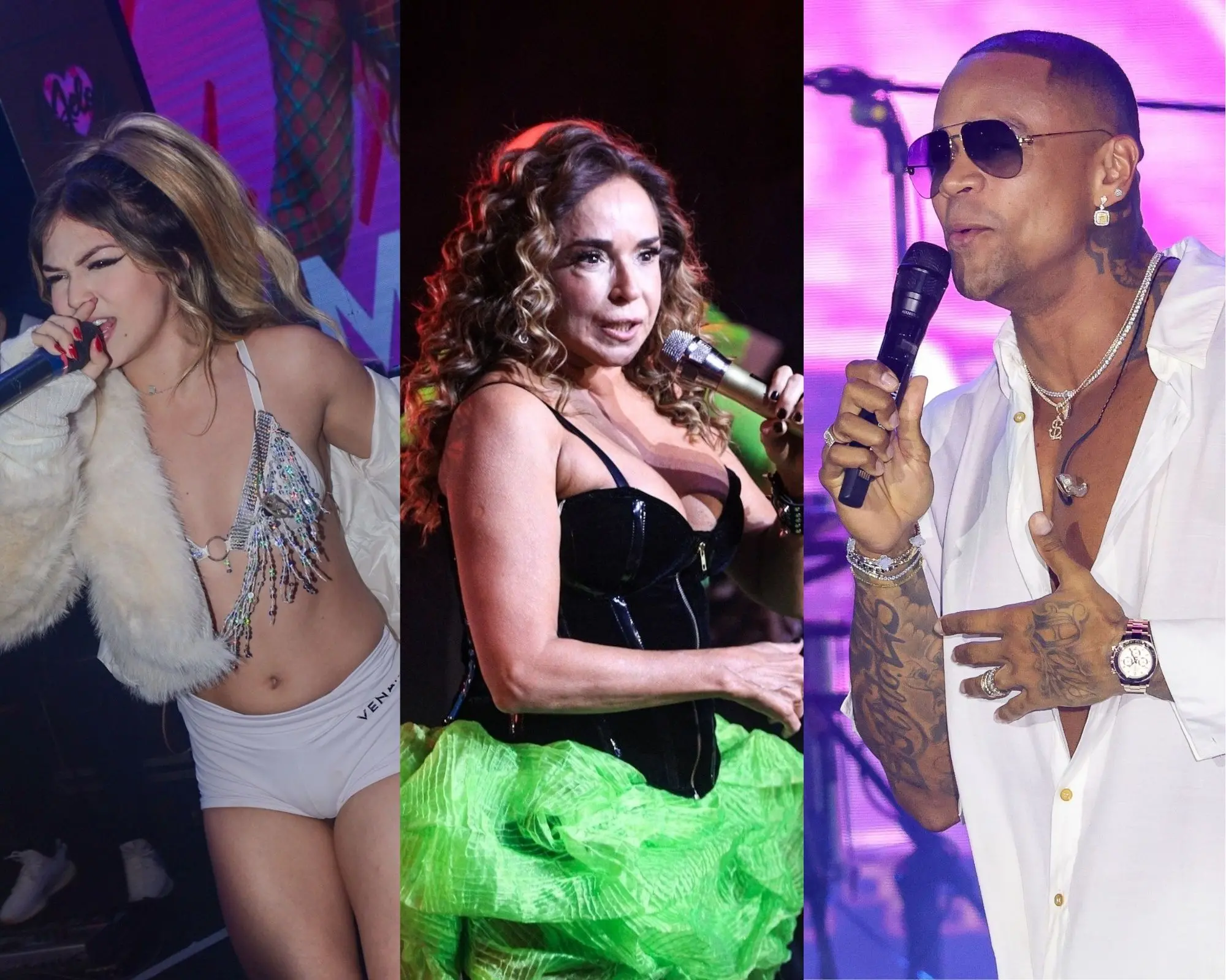 montagem com atrações do carnaval 2026 de aracati. nas imagens, a cantora melody, o cantor leo santana e a cantora daniela mercury.