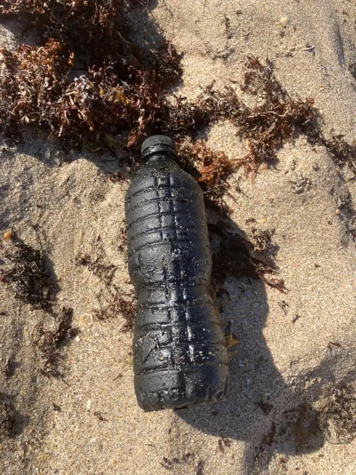 Garrafa plástica coberta por óleo derramado no oceano, disposta sobre a areia, com algas marinhas ao redor.