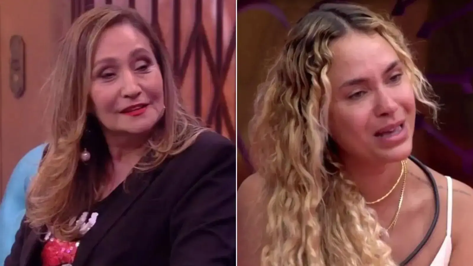 Montagem de fotos mostra Sonia Abrão à esquerda e Sarah Andrade, participante do BBB 26, à direita.