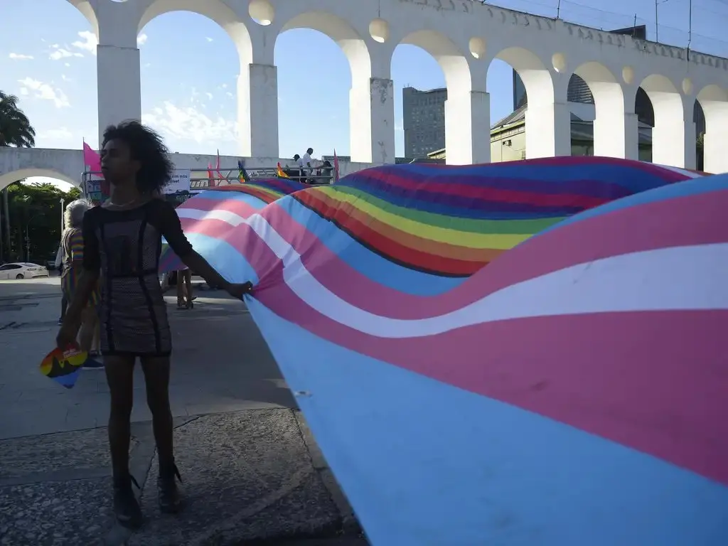 Bandeiras trans (azul, branca e rosa), LGBT (vermelha, laranja, amarela, verde, azul e anil) e bissexual (rosa, roxa e azul) em meio de rua, ao lado de uma pessoa negra de cabelos crespos usando vestido curto cinza e preto.