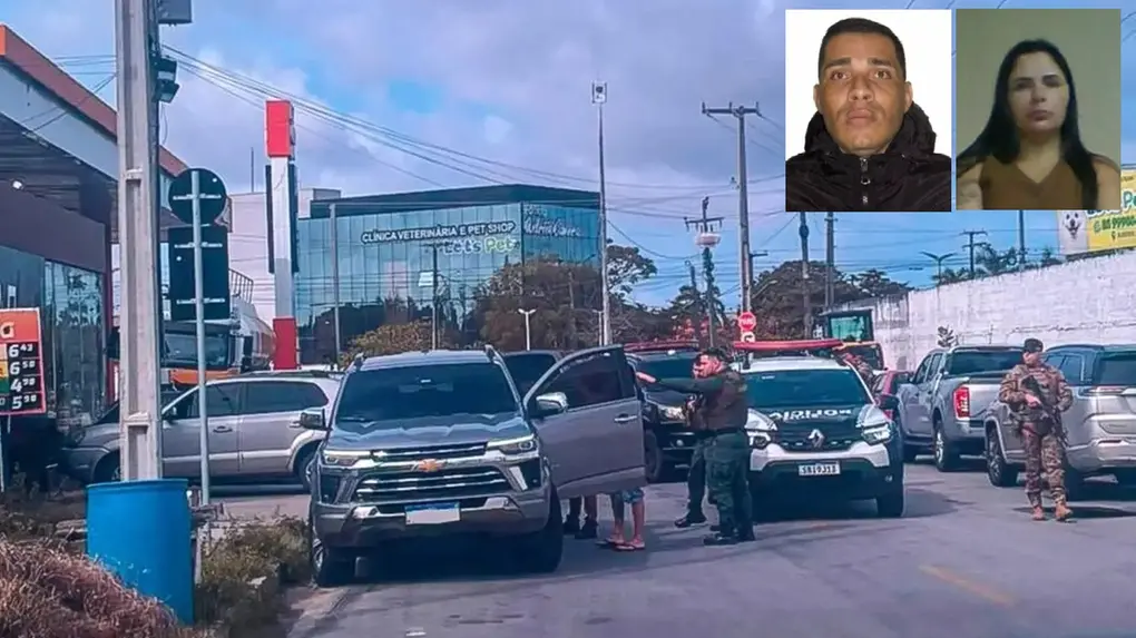 A imagem mostra policiais militares realizando a abordagem a um carro, onde foi preso um homem, no Eusébio. A imagem também mostra a foto 3x4 do suspeito.