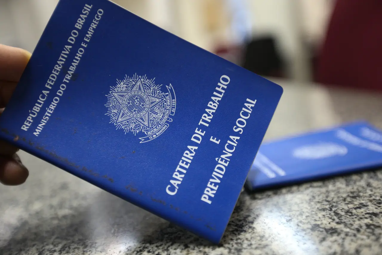 imagem mostra duas carteiras de trabalho e previdência social em cima de uma mesa.