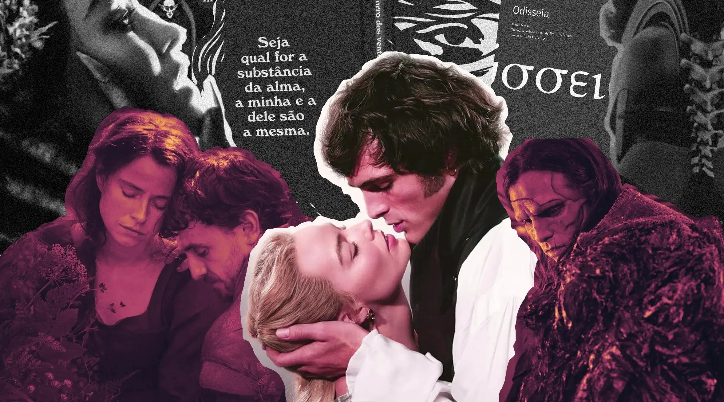 Imagens de filmes clássicos como Morro dos Ventos Uivantes, Hamnet, Frankenstein e Odisseia.