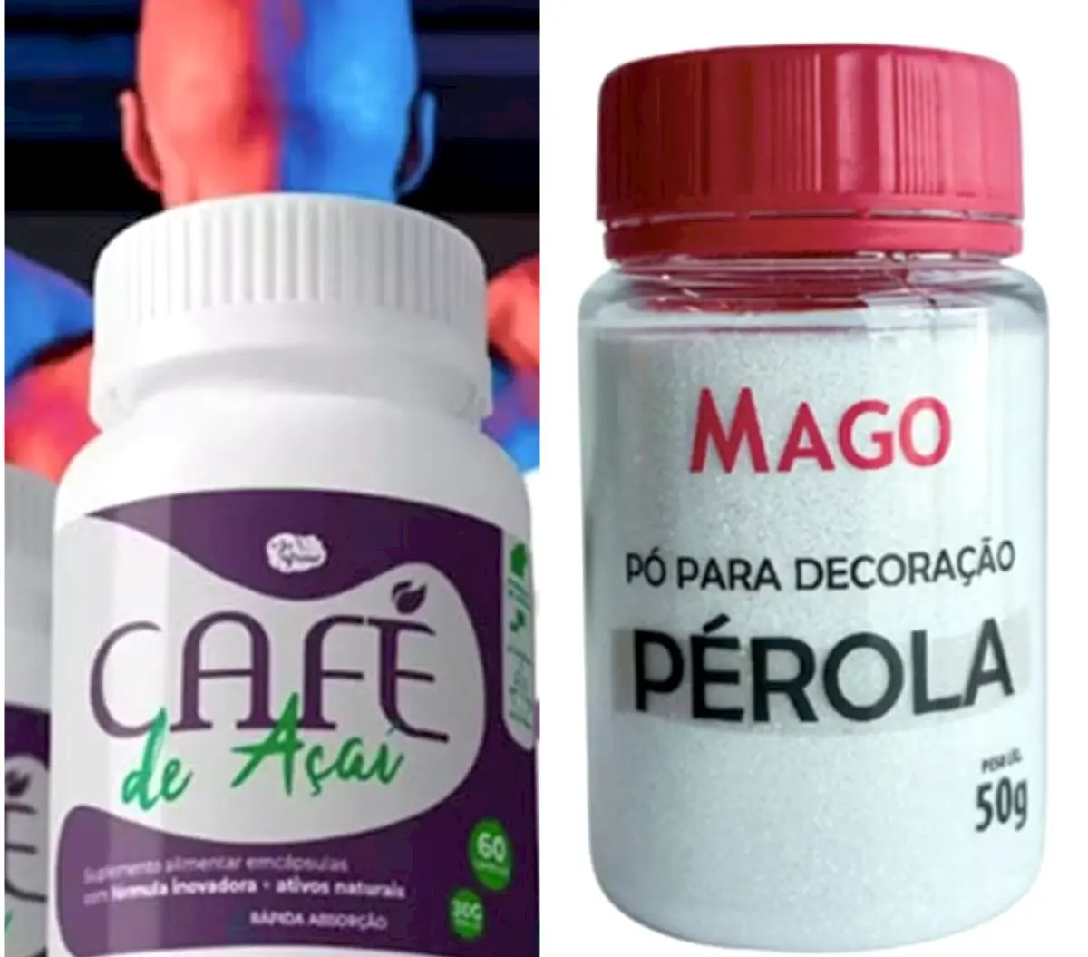 Montagem com dois frascos de produtos. À esquerda, um pote branco com rótulo roxo e verde escrito ‘Café de Açaí’, apresentado como suplemento alimentar. À direita, um pote transparente com tampa vermelha da marca ‘Mago’, contendo pó branco para decoração identificado como ‘Pérola – 50g’. Ao fundo, atrás do frasco da esquerda, há uma imagem desfocada de figuras humanas coloridas em azul e vermelho.