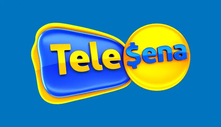 Logo da Tele Sena em cores azul e amarelo vibrantes com efeito 3D.