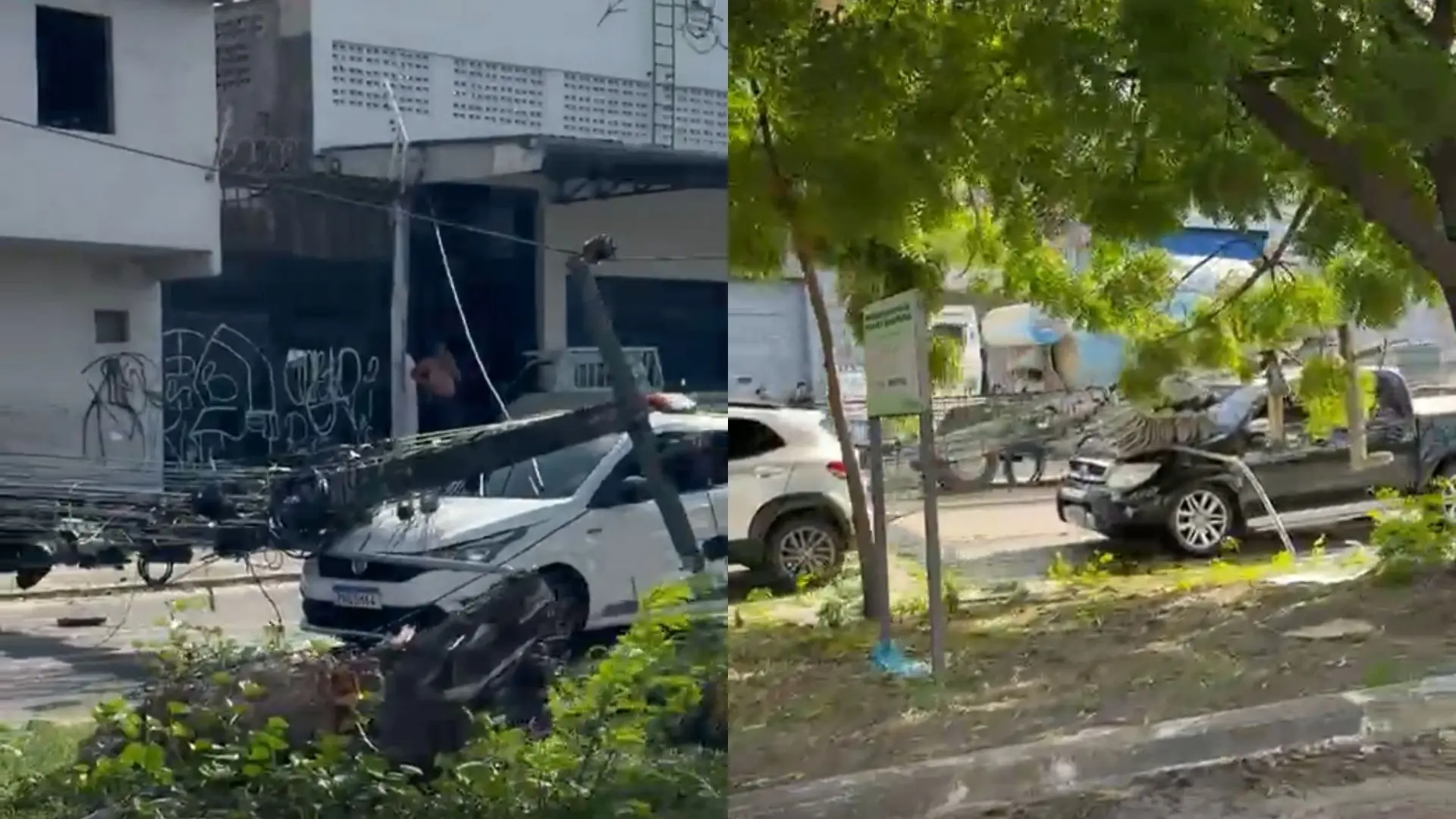 Imagem de dois carros atingidos por postes de eneria na Avenida Deputado Paulino Rocha na tarde desta sexta-feira (06).