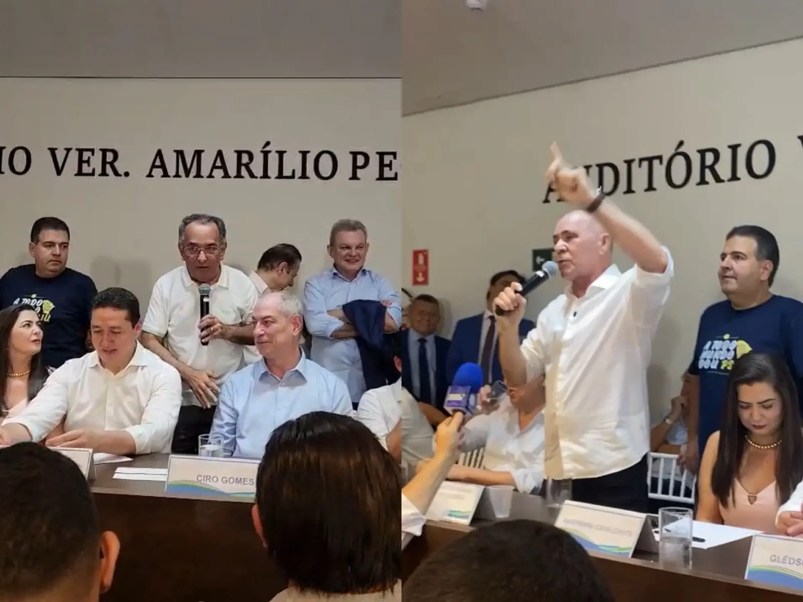 Montagem fotográfica mostra Ciro Gomes e aliados em frente ao plenário e discursos do Dr. Jaziel e do deputado Alcides Fernandes durante a solenidade no auditório.