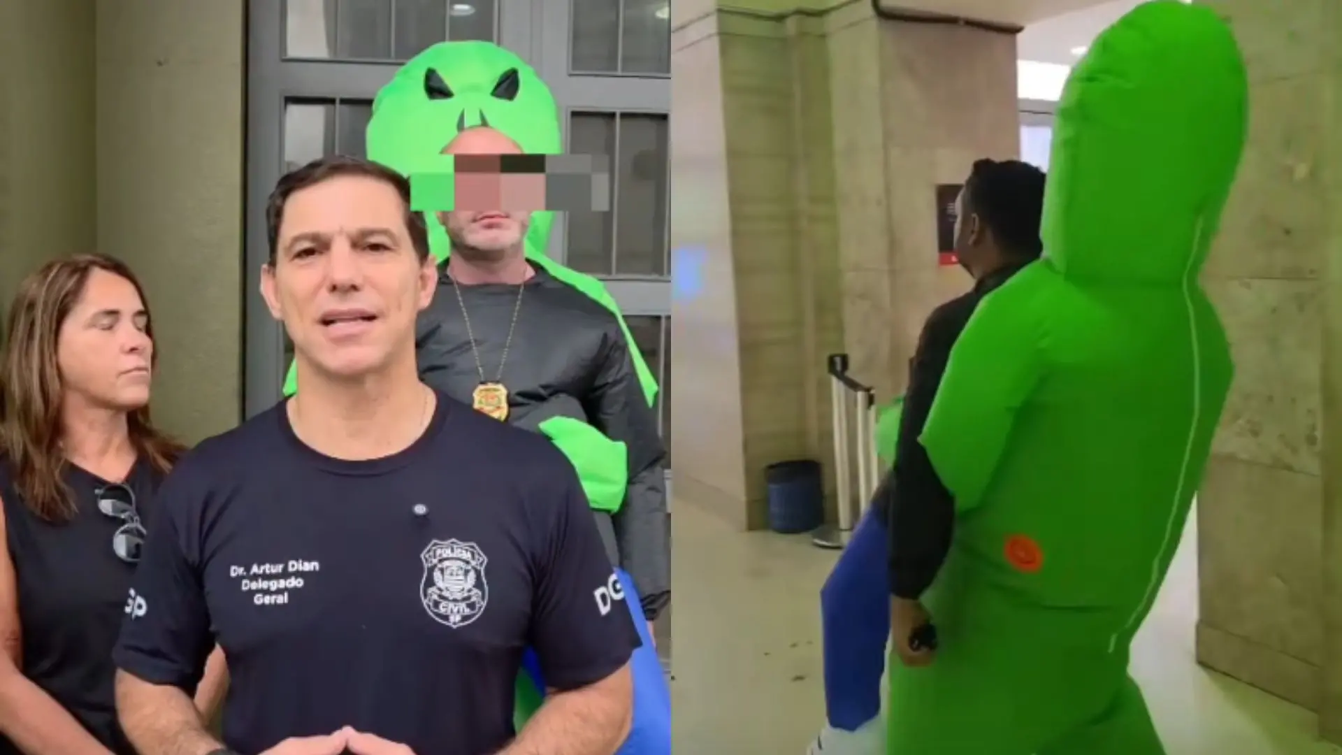 Policiais fantasiados prendendo suspeitos em bloco da Ivete Sangalo.