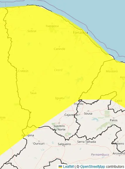 Imagem do mapa do Ceará coberto pelo alerta amarelo no Inmet. Apenas a região do Cariri está fora da área de instabilidade.