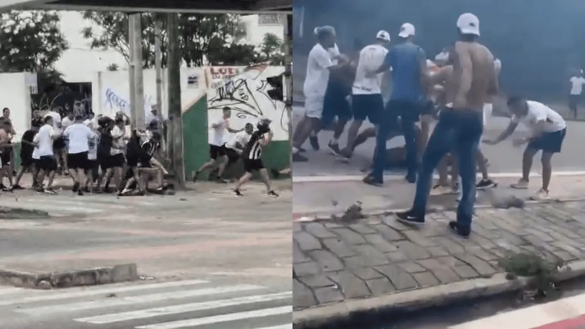 Montagem de fotos que mostra torcedores brigando nas ruas de Fortaleza antes do jogo entre Ceará e Fortaleza.