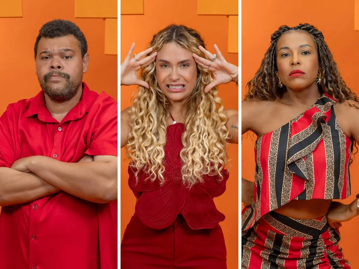 Foto dos participantes Babu, Sarah e Sol no paredão do BBB 26.