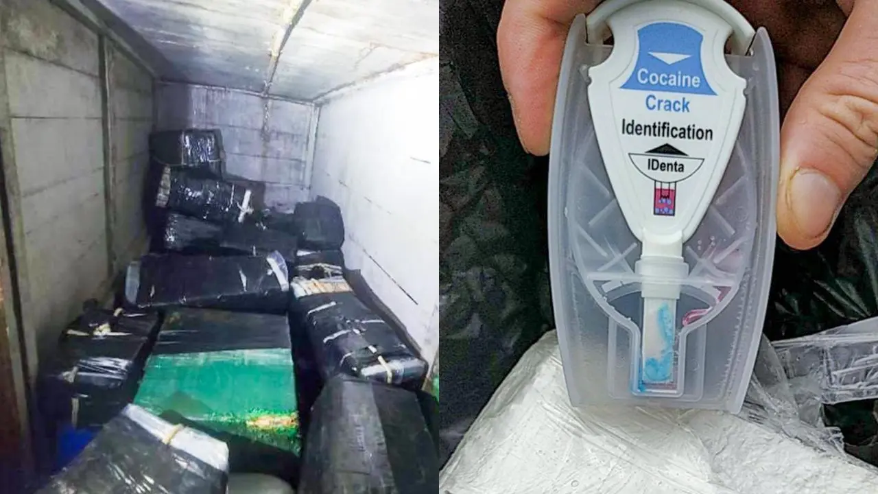 Colagem de duas fotos de uma operação policial. À esquerda, o interior de um veículo carregado com dezenas de tabletes pretos prensados. À direita, um close-up de um teste químico rápido da marca IDenta apresentando coloração azul, o que confirma a presença de cocaína no material apreendido.