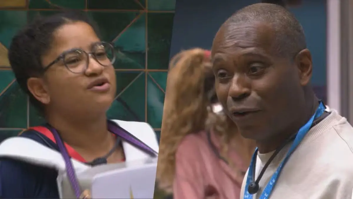 Close-up de duas pessoas conversando: uma jovem de óculos e tranças à esquerda, e um homem de meia-idade com camiseta clara à direita.