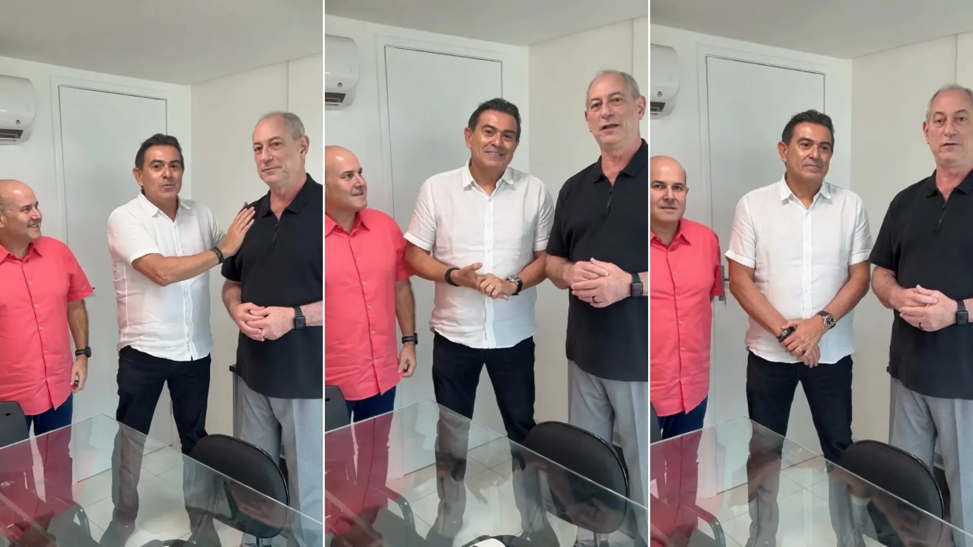 Roberto Cláudio, Alexandre Pereira e Ciro Gomes, lado a lado, anunciam a aliança em vídeo. A imagem é a captura de três frames da publicação feita nas redes sociais.