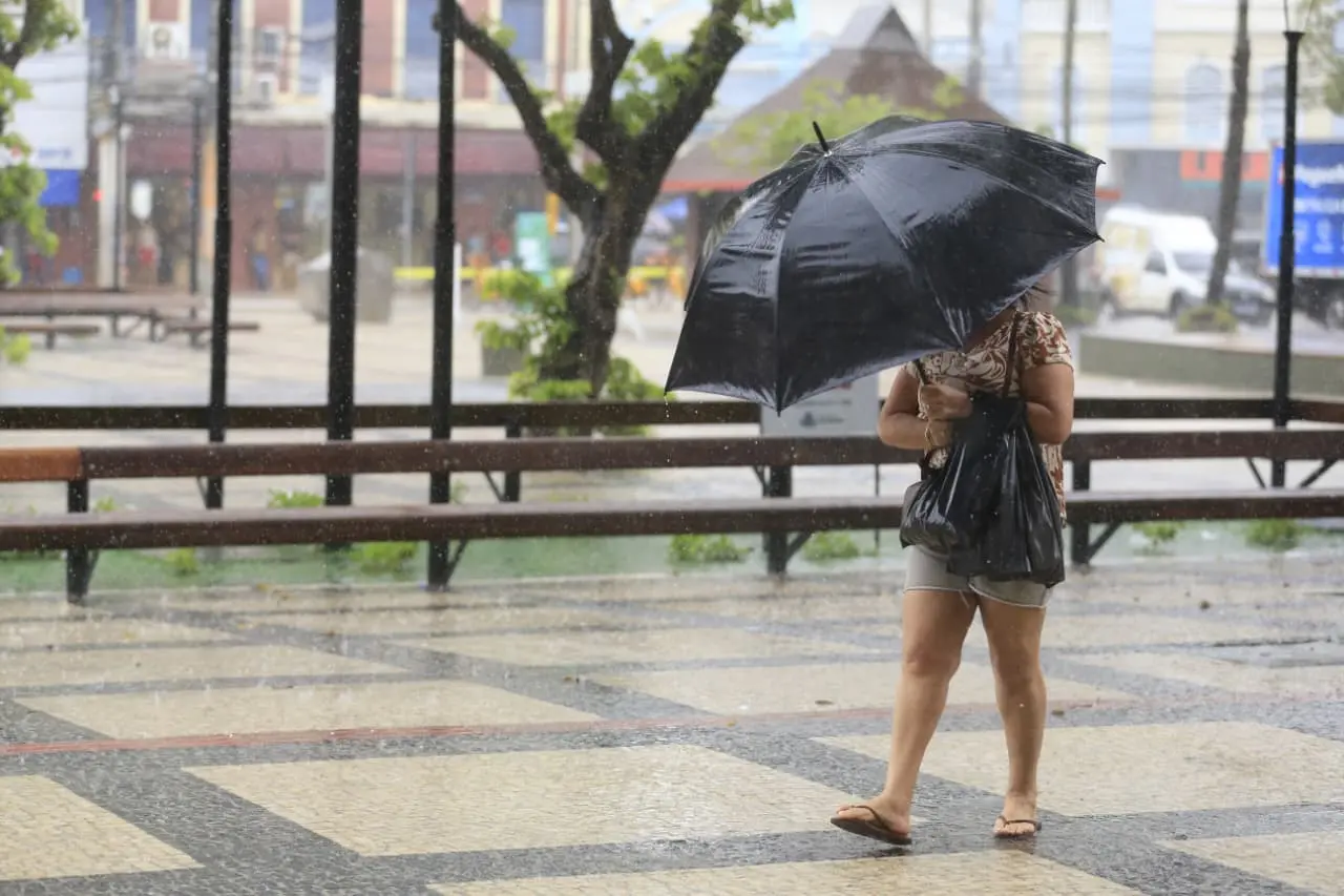 Uma pessoa caminha por um parque sob chuva, segurando um guarda-chuva preto e uma bolsa, com bancos molhados e pavimento ao fundo.