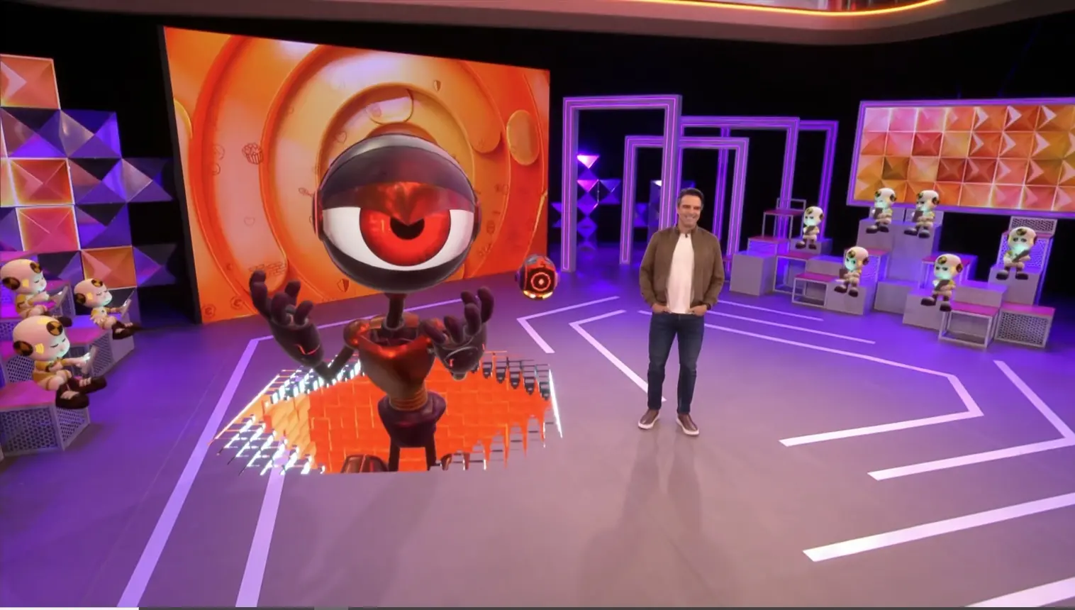 Foto do apresentador Tadeu Schmidt no estúdio do BBB 26 durante a quarta eliminação do programa.