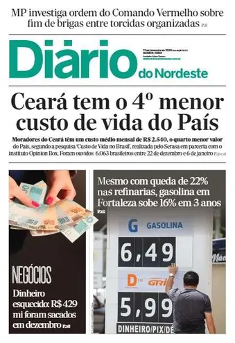 Capa da Edição do dia do jornal Diário do Nordeste