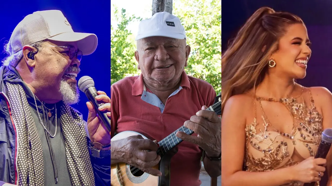 Três artistas musicais aparecem em uma montagem vertical, destacando Jorge Aragão cantando ao microfone, Macaúba do Bandolim tocando seu instrumento e Yasmin Sensação sorrindo em uma performance vibrante.