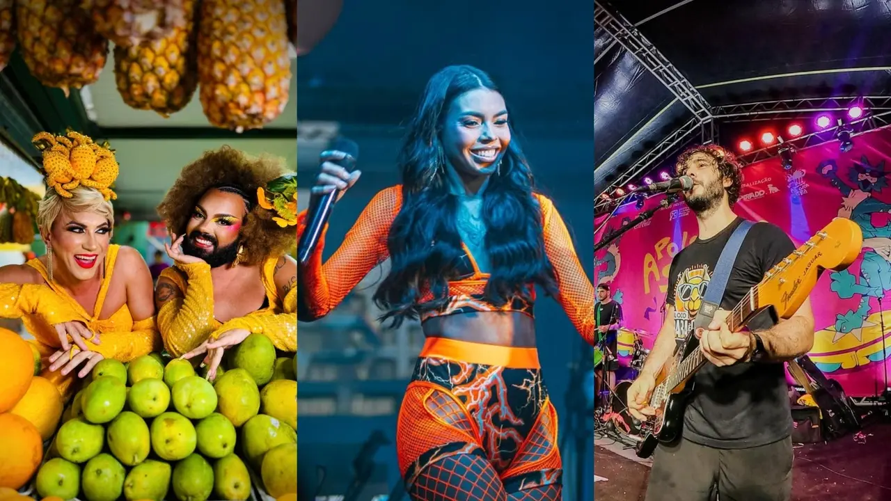 Artistas e músicos se apresentam em três cenas vibrantes de Carnaval, destacando drags em figurinos amarelos com frutas, uma cantora em traje laranja e um guitarrista sob luzes coloridas. A composição celebra a diversidade cultural e a energia das festas em Fortaleza através de cores intensas e expressões de alegria.
