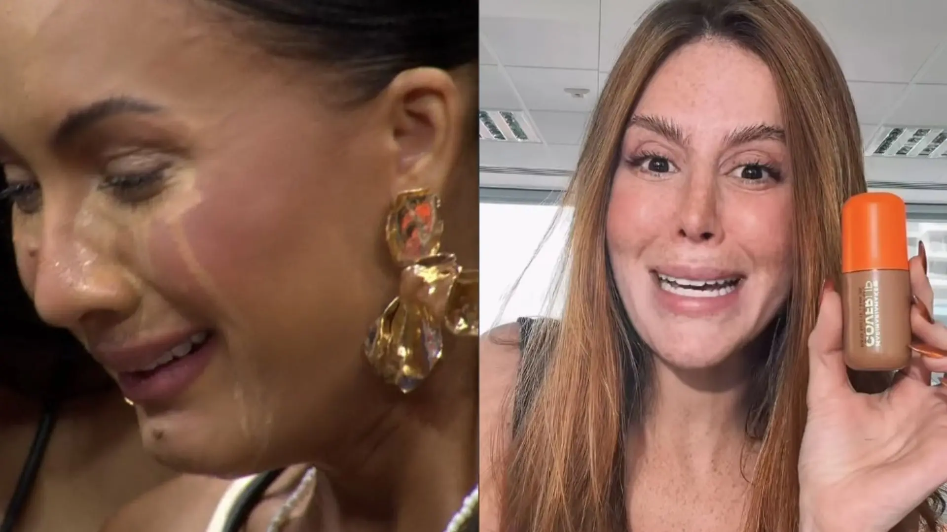 Duas fotos: na primeira, a participante do Big Brother Brasil, Maxiane, com a maquiagem borrada enquanto chora. Ao lado, a empresária Mari Maria segurando um de seus produtos.