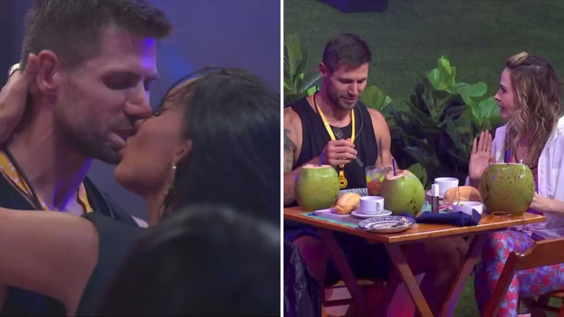 montagem de fotos mostra beijo entre Jonas e Maxiane à esquerda, e Jonas e Ana Paula à direta na festa do líder do BBB 26.