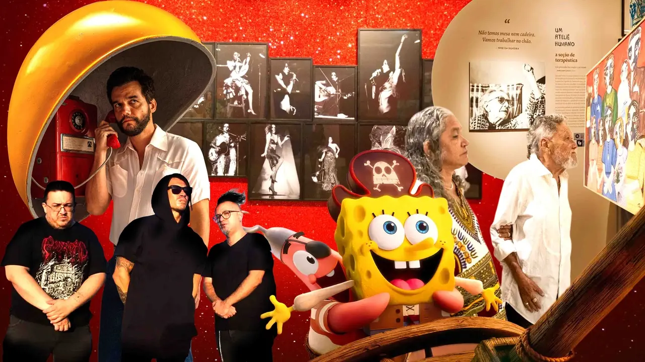 Uma montagem vibrante reúne figuras da cultura pop, música e arte sobre um fundo vermelho brilhante, destacando o Bob Esponja vestido de pirata ao centro. Ao redor dele, vemos Wagner Moura em um orelhão, músicos de rock à esquerda e visitantes apreciando uma exposição de arte à direita, criando uma composição dinâmica e diversificada.