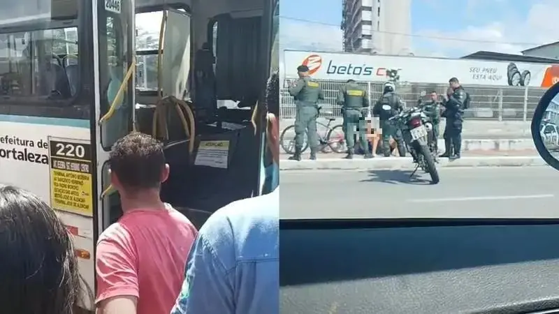 montagem fotos mulher morta dentro de onibus, pms na ocorrencia, via  publica, moto, pessoas olhando a cena.