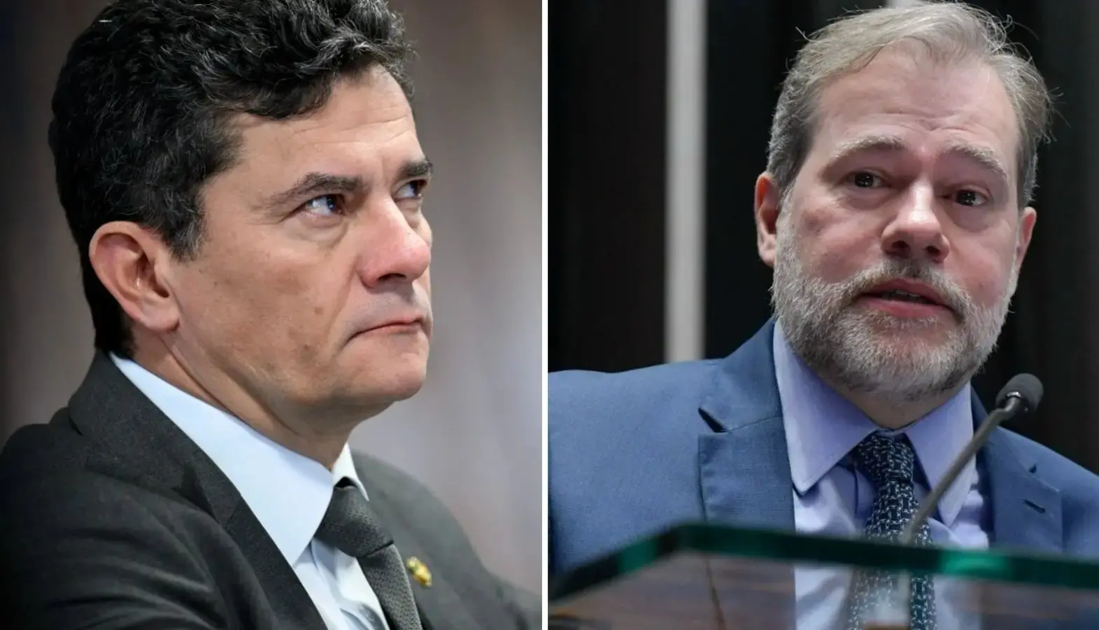 Montagem de fotos mostra Sergio Moro à esquerda e Dias Toffoli à direita, ambos no plenário do Senado. Imagem usada em matéria sobre caso do Banco Master.