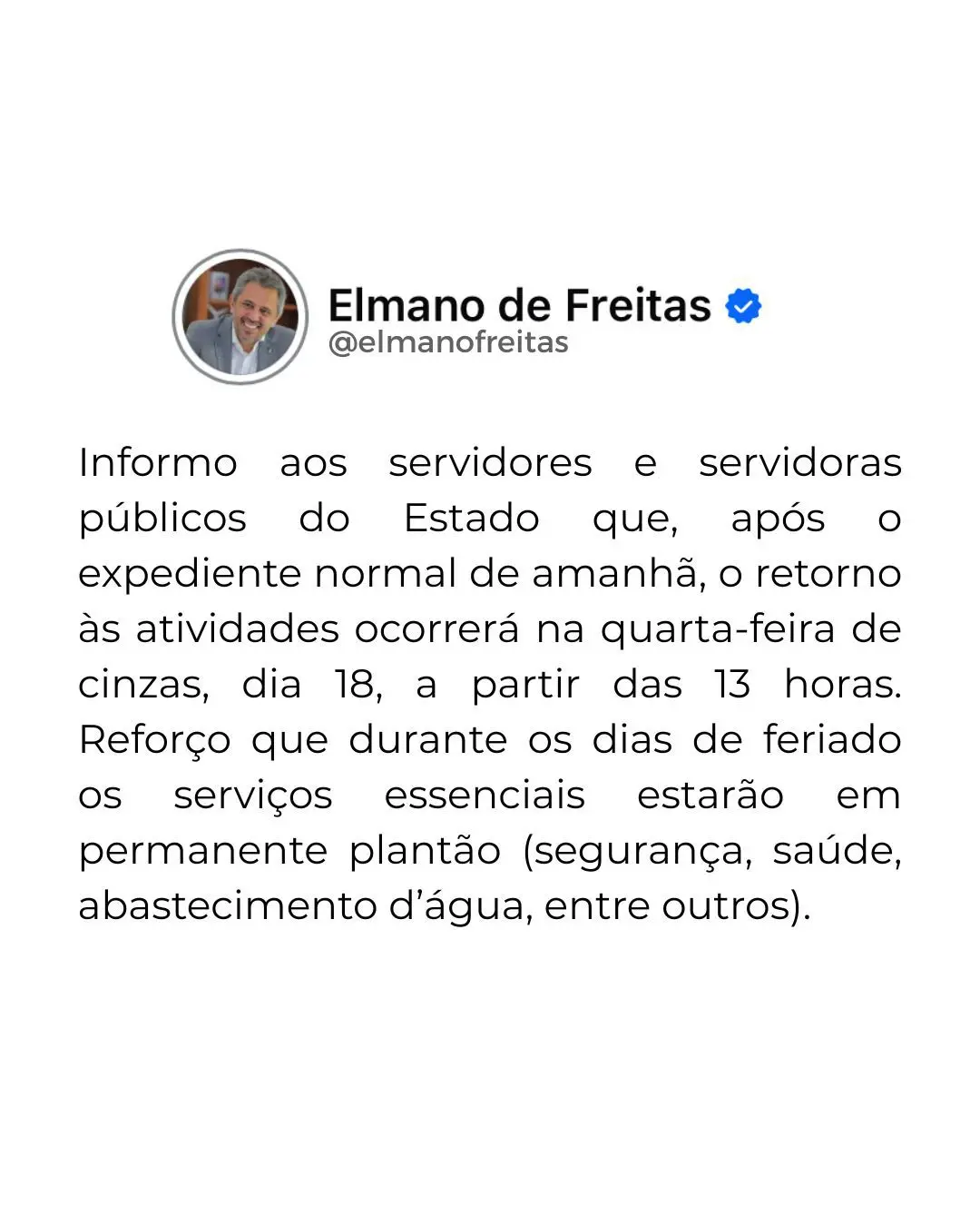 Imagem mostra a mensagem do governador nas redes sociais.