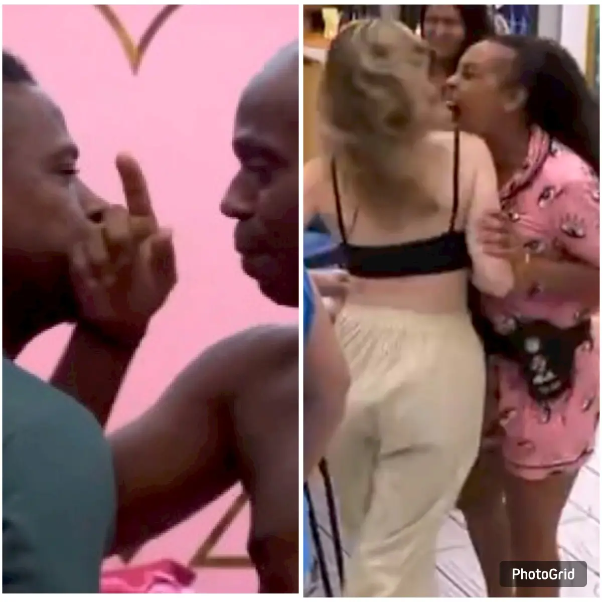 Duas pessoas discutem em um ambiente decorado com corações vermelhos e uma parede rosa ao fundo. Uma delas está sem camisa e gesticula com o dedo apontado para a outra, que veste uma camiseta escura. A cena transmite tensão e confronto.