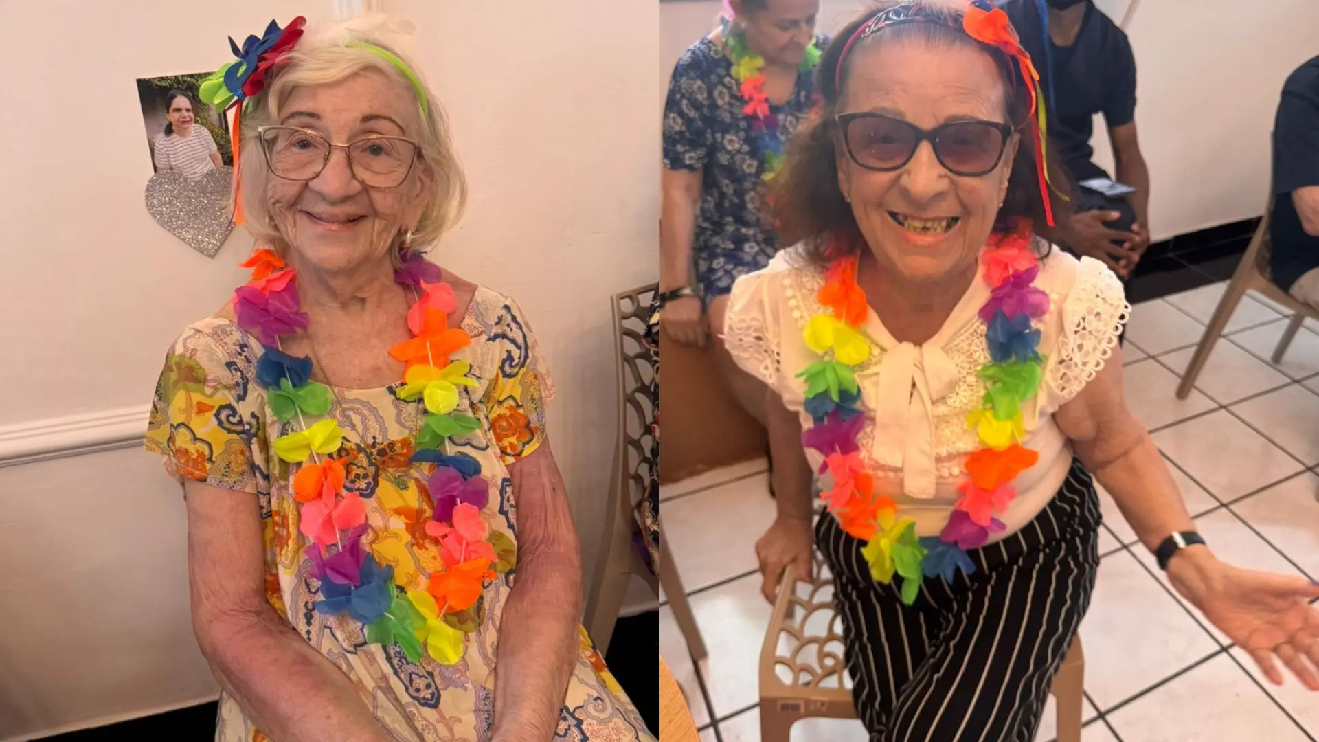 Imagem tem duas idosas com adereços de carnaval.