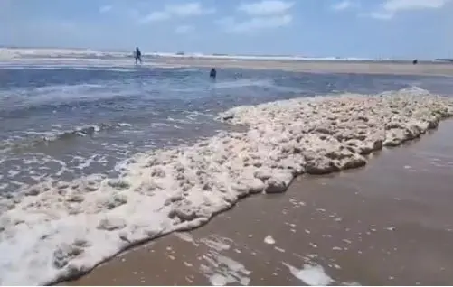 Imagem da notícia Espuma branca aparece no mar da Praia do Futuro, em Fortaleza; vídeo