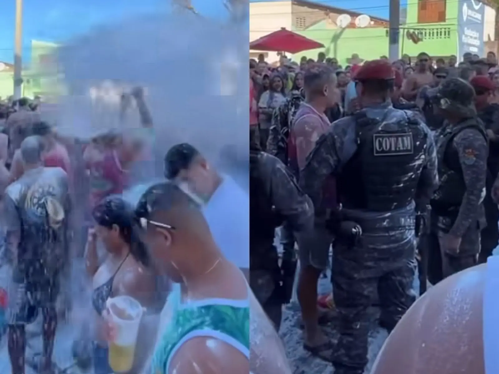 Montagem de dois prints de um vídeo. À esquerda, um homem joga um saco de goma para cima e poeira cobre multidão no carnaval. À direita, policiais militares cercam o jovem cobrando explicações.