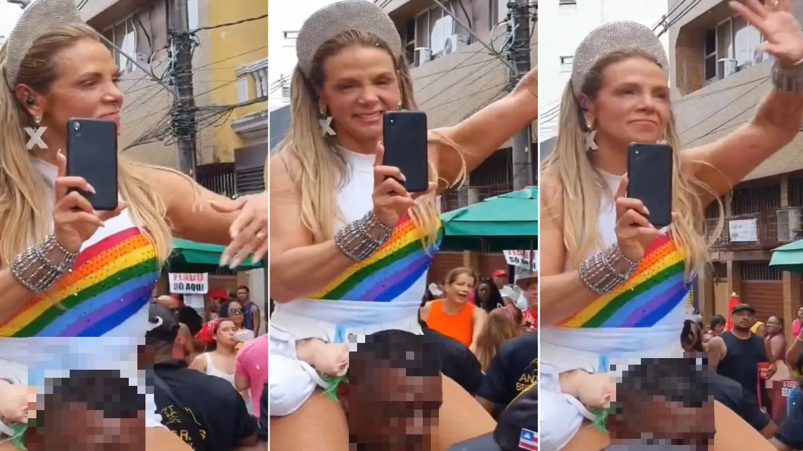 Montagem de três fotos com capturas do vídeo em que Carla Perez, uma mulher branca e loira, aparece sentada nos ombros do segurança, um homem negro.