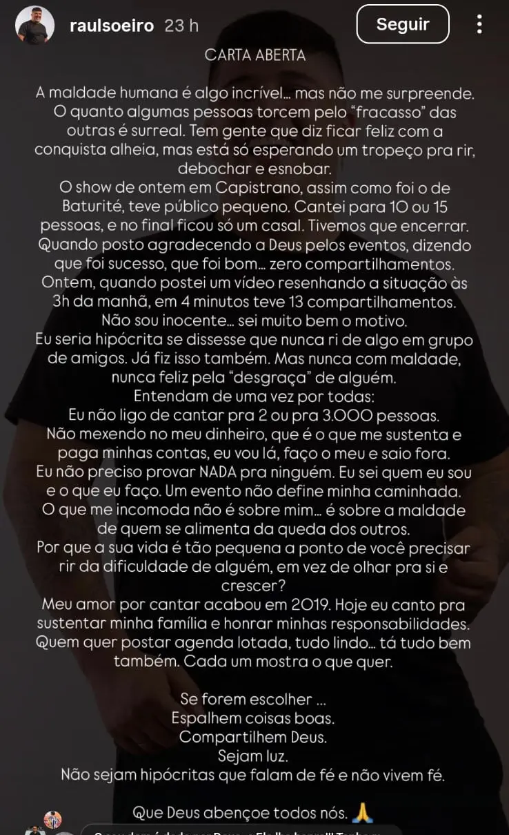 Imagem traz a carta aberta do cantor em suas redes sociais sobre o fato de não ter tido público em show no Carnapistrano.